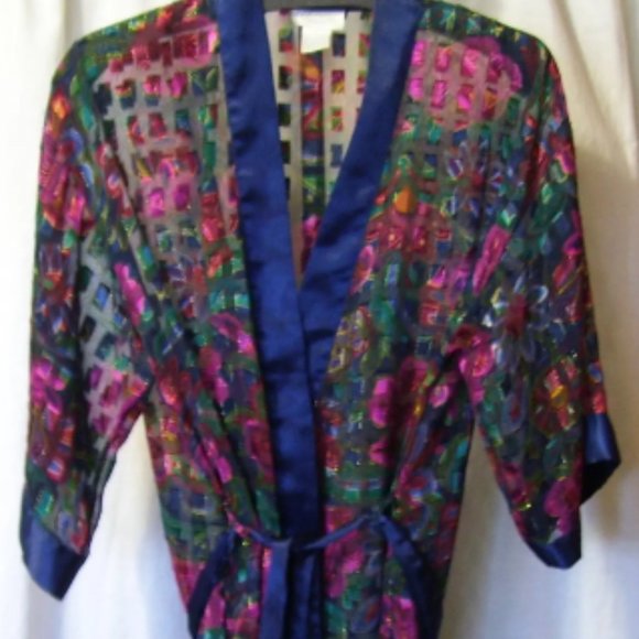 Innermost Other - Innemost Kimono Wrap Robe Floral Red Navy Gold Metallic Threads